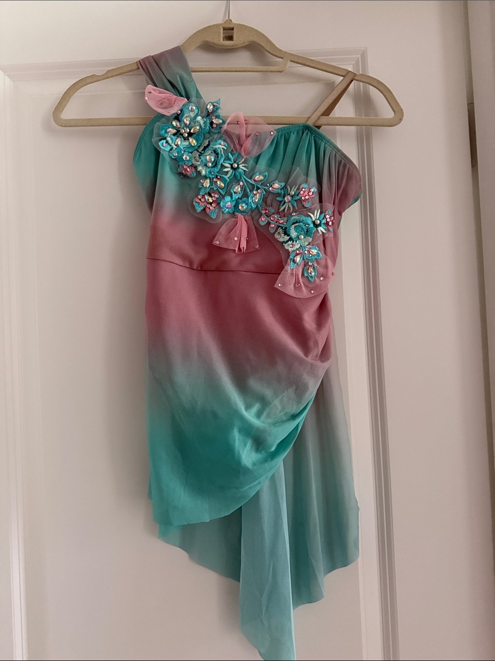 Girls One-Shoulder Teal & Pink Dance Costume with Floral Appliqué